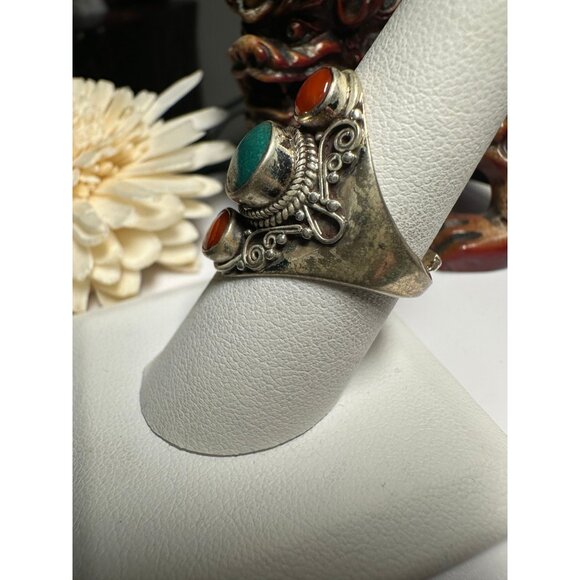 VTG Sterling Silver Red Coral Turquoise Ring - Picture 3 of 7